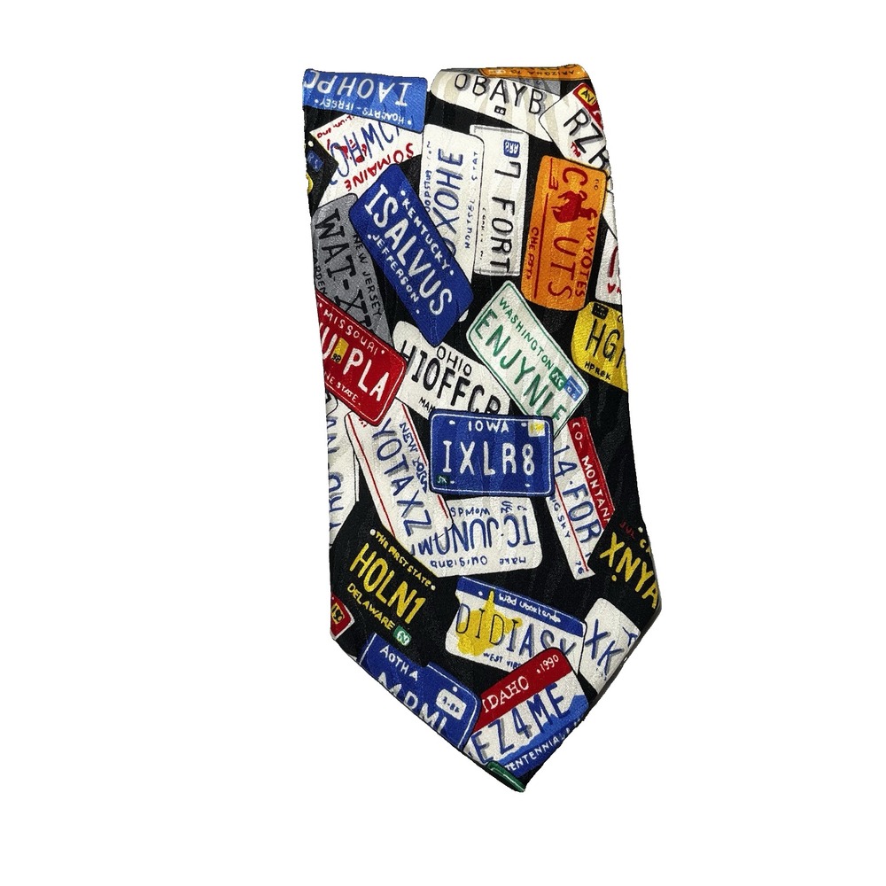 PAPELL Tie Travel‎ License Plates Multi Color/Black Men's Silk States Novelty